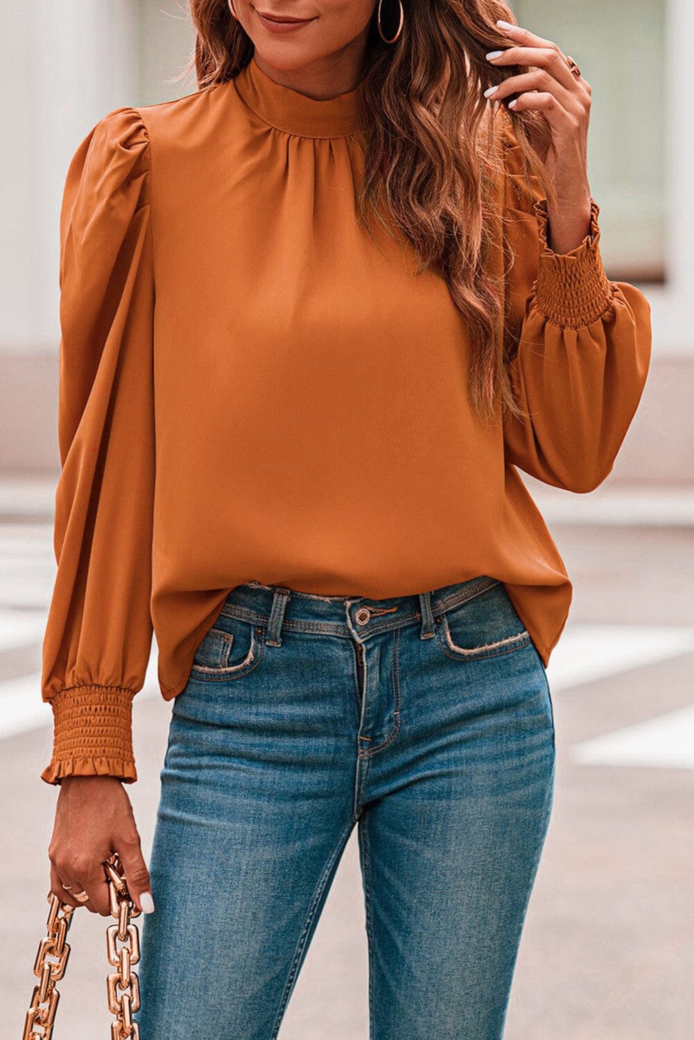 Pumpkin Tie Back Smock Sleeve Top Kentce 