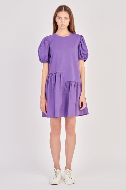 Purple Asymmetrical Hem Puff Sleeve Dress English Factory 