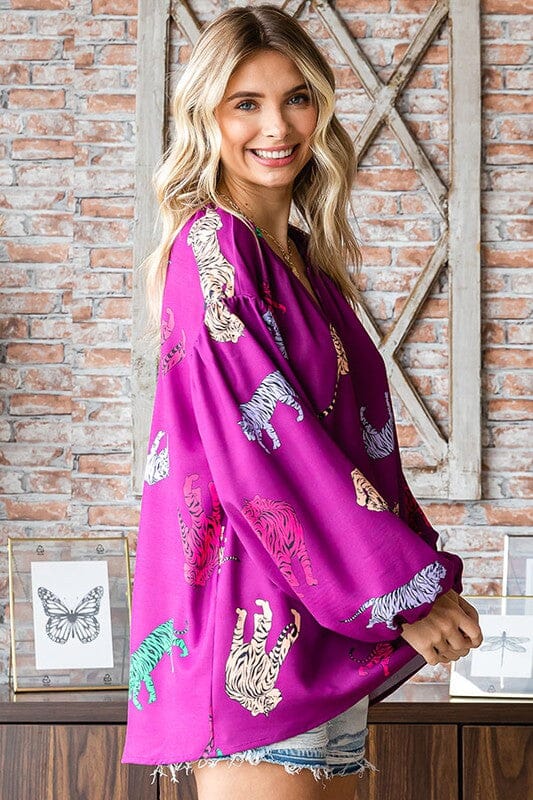 Purple Multi Tiger Split Neck Top First Love 