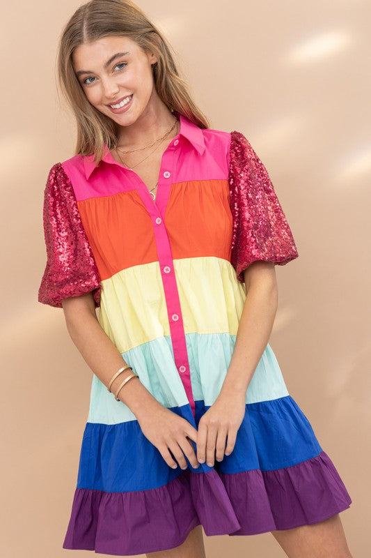 Rainbow Colorblock Shirt Dress Blue B 
