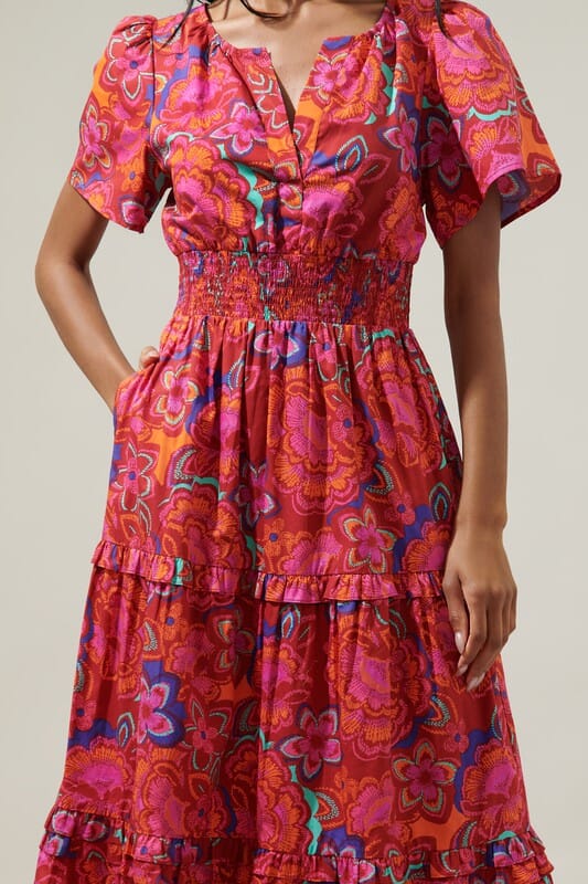 Red Floral Noelle Split Collar Dress Sugarlips 