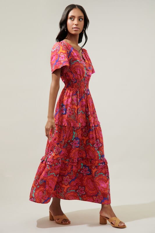 Red Floral Noelle Split Collar Dress Sugarlips 