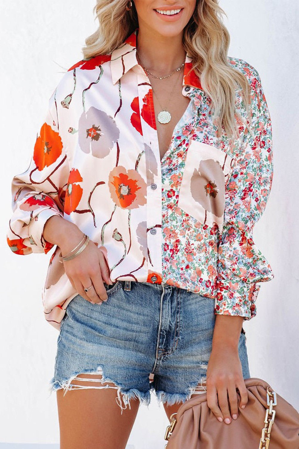 Red Floral Patchwork Buttoned Shirt Shewin 