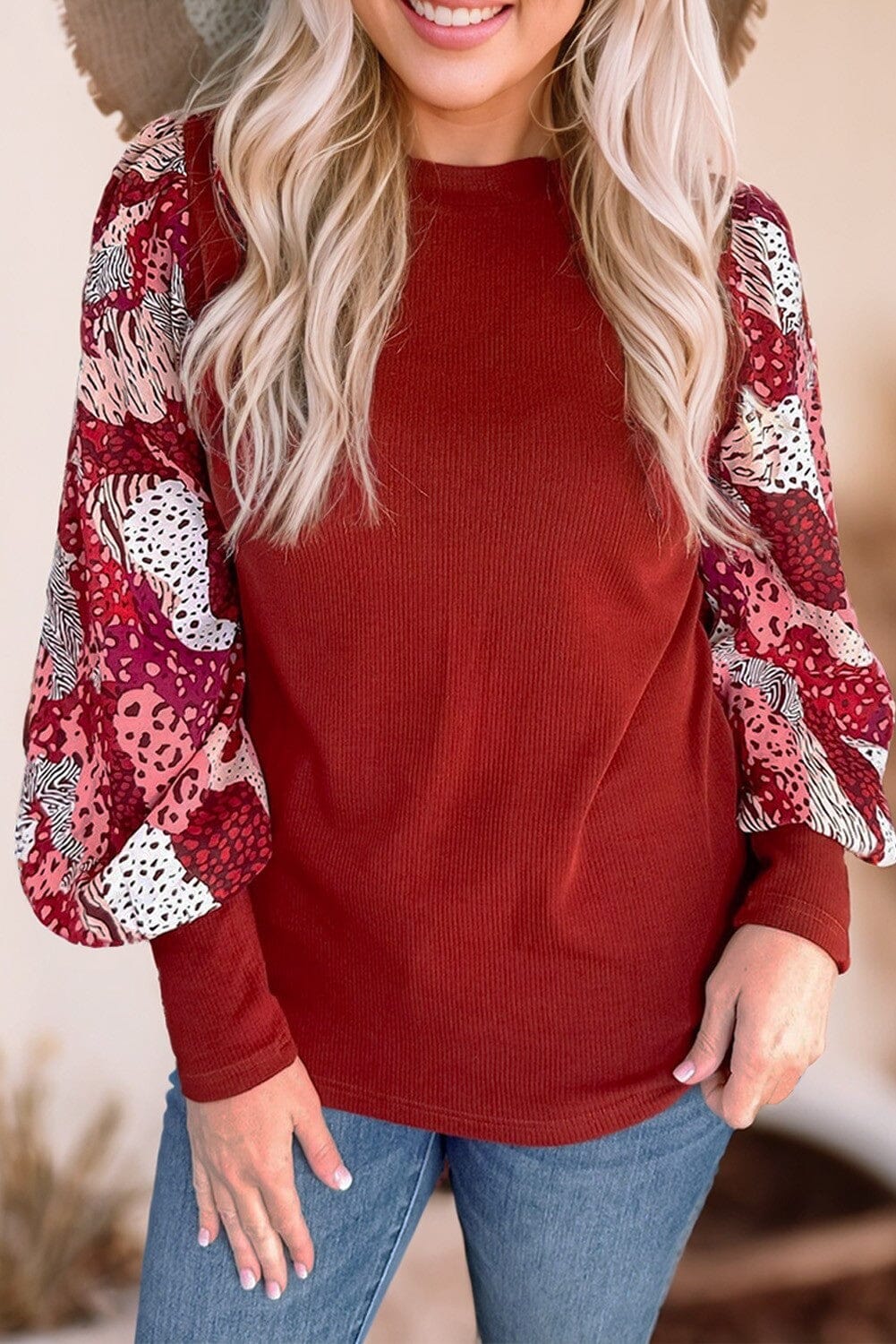 Red MIXED ANIMAL PRINT SLEEVE TOP jupiter and me 