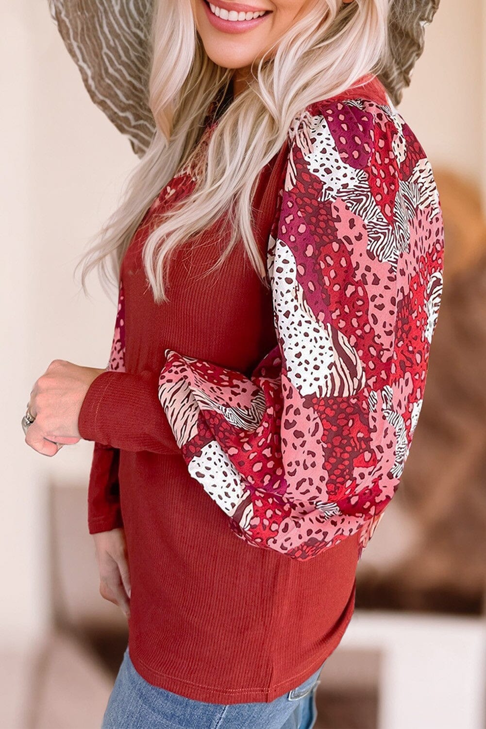 Red MIXED ANIMAL PRINT SLEEVE TOP jupiter and me 