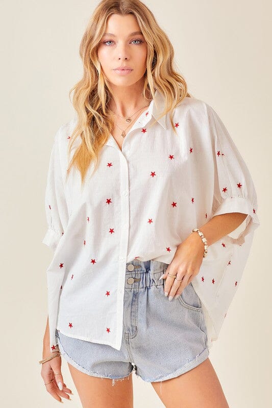 Red Star Embroidered Oversized Button Down day + moon 