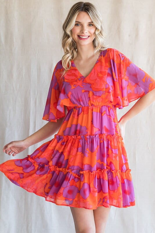 Red/Pink Chiffon Dress Floral Ships early May jodifil 