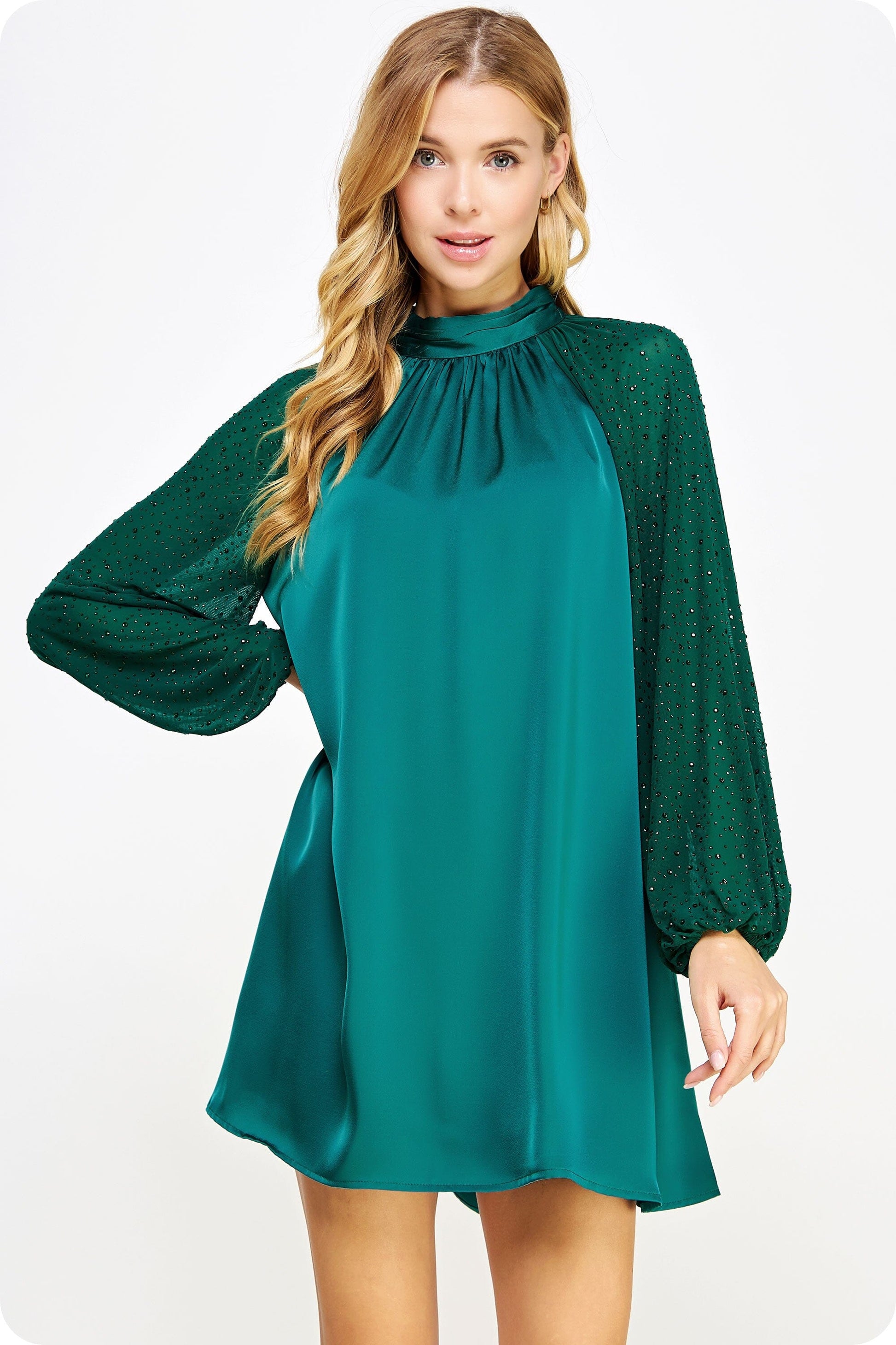 Rhinestone Illusion Sleeve Satin Mini Dress Strut and Bolt 