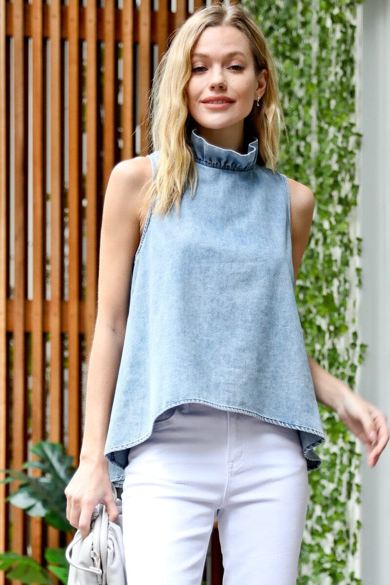 Ruffle Neck Chambray Top mazik 