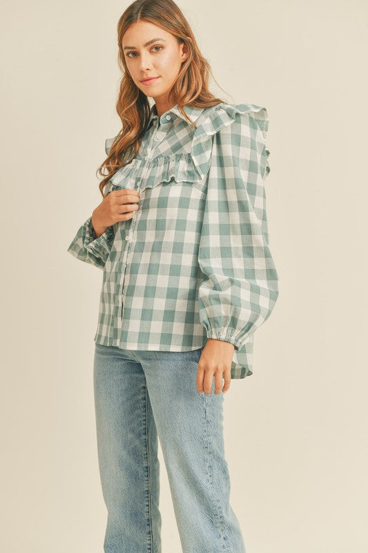 Ruffle Shoulder Gingham Button Up Mable 