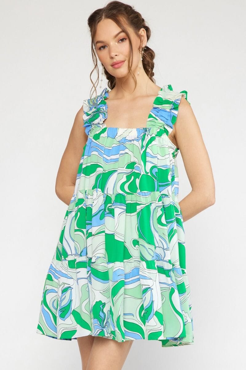 Ruffle Shoulder Swing Swirl Dress entro 