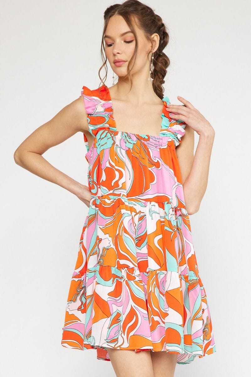 Ruffle Shoulder Swing Swirl Dress entro 