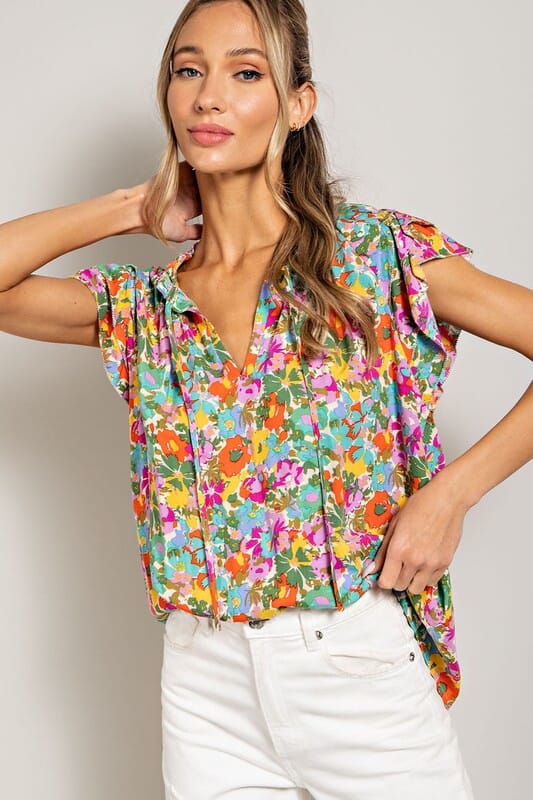 Sage Floral Top with Drawstrings Eesome 