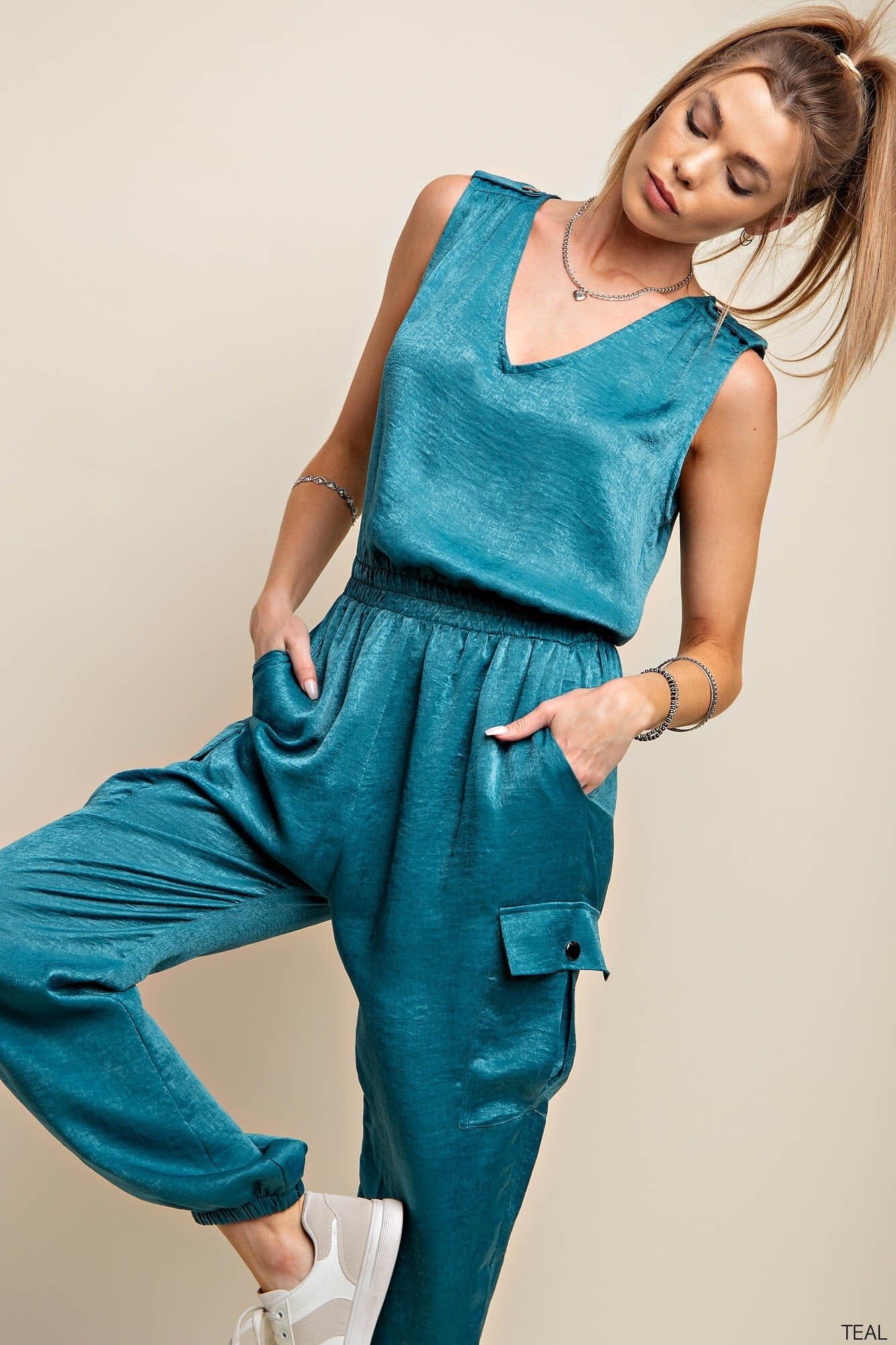 Satin Cargo Jumpsuit kori america 