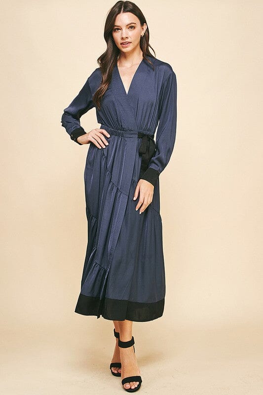 Satin Colorblock LS Dress Pinch 