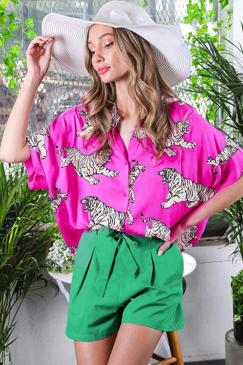 Satin Pink Tiger Button Down Vine & Love 