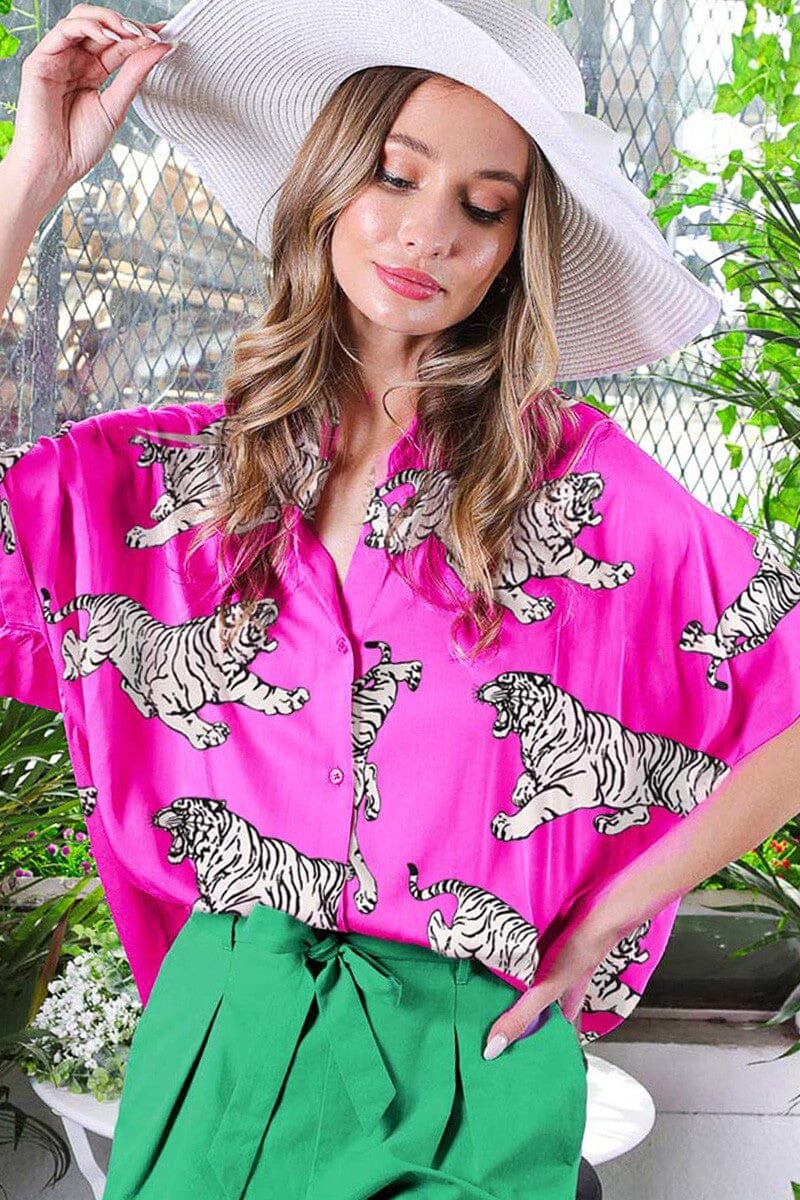 Satin Pink Tiger Button Down Vine & Love 