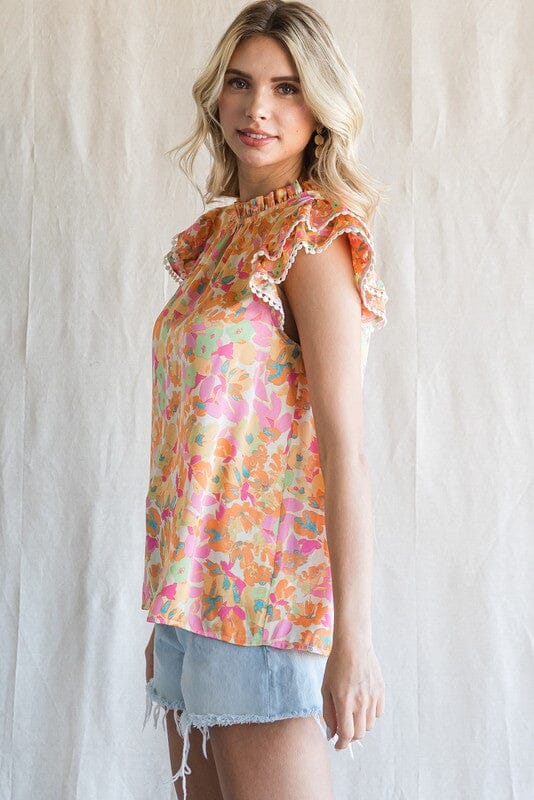 Satin Print Layer Ruffled Cap Sleeves Top Jodifl 