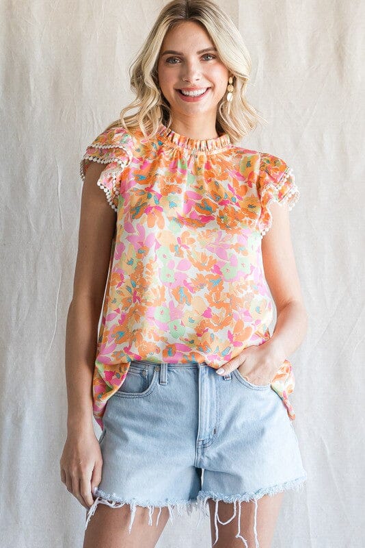 Satin Print Layer Ruffled Cap Sleeves Top Jodifl 