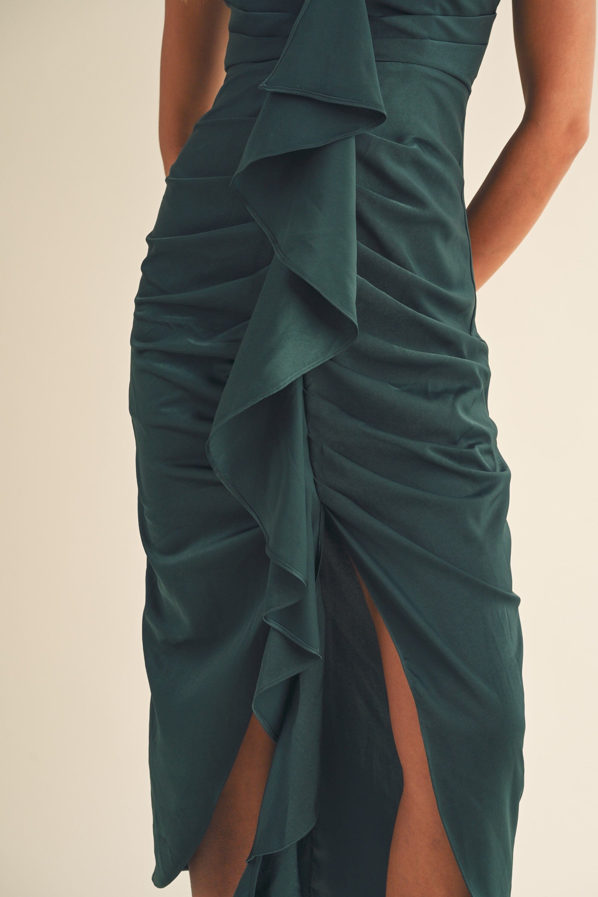Satin Ruffle Front Ruched Midi Mable 