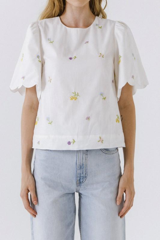 Scalloped Sleeve Floral Embroidered Top Top English Factory 