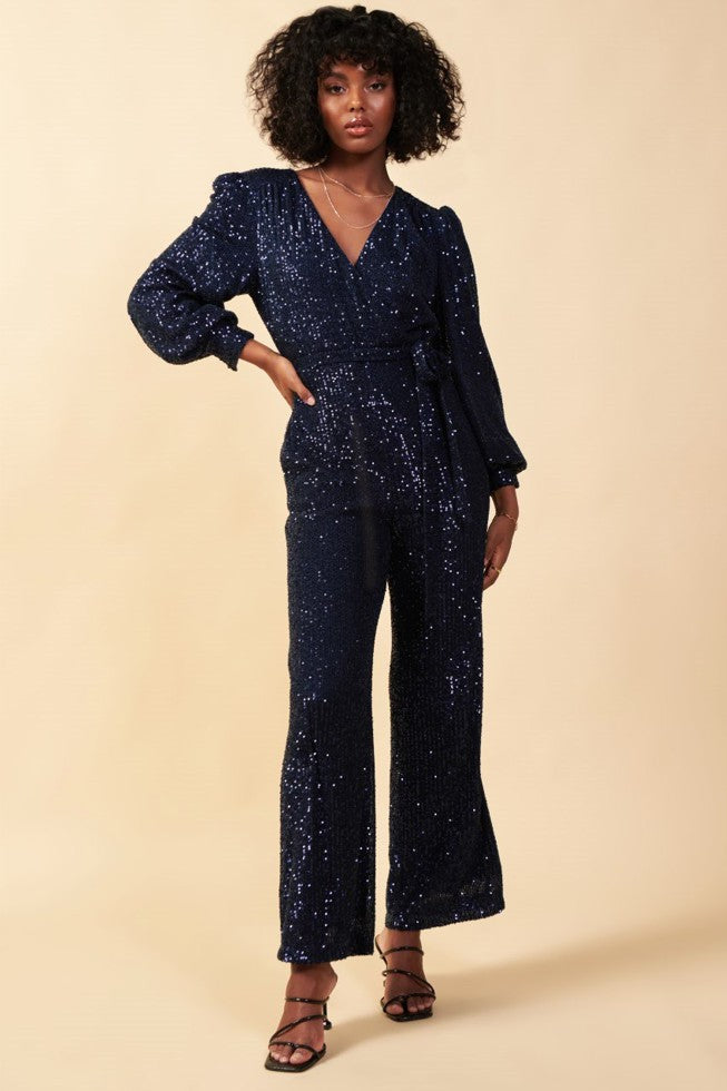 Sequin V Neck Jumpsuit With Waist Tie skies are blue 