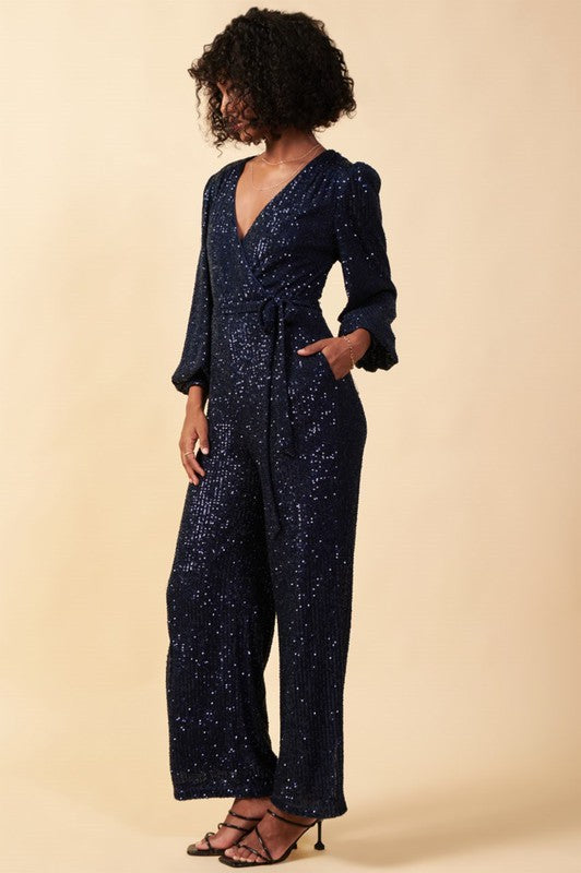 Sequin V Neck Jumpsuit With Waist Tie skies are blue 