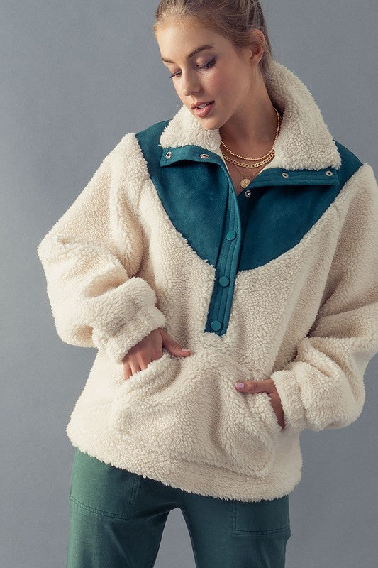 Sherpa Pullover with Faux Suede Detail Trend Notes 