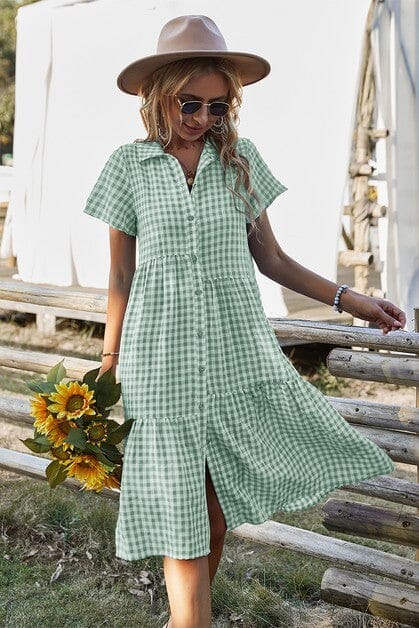 Short Sleeve Plaid Button Midi Dress supreme fashion 