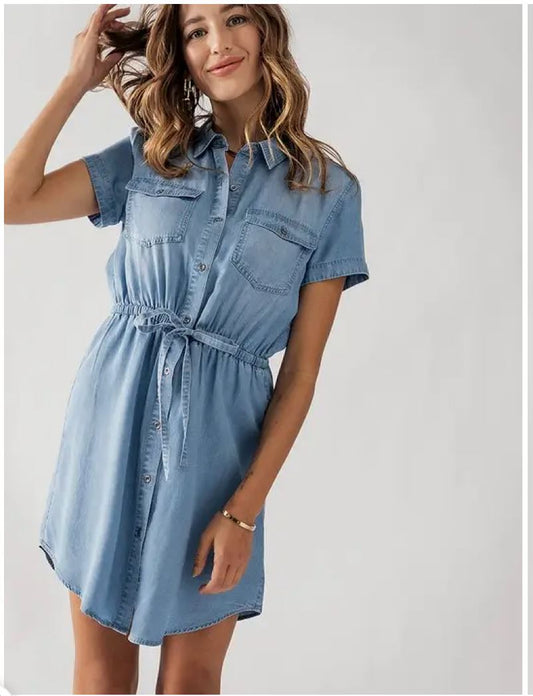 Short Sleeve Waistband Shirt Dress Urban Daizy 