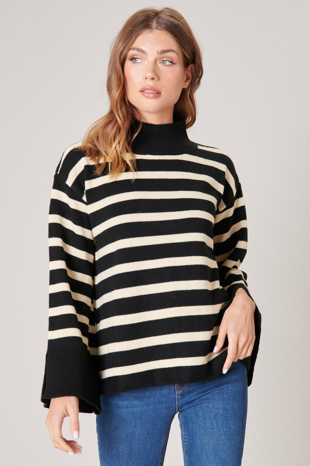 Slayder Striped Turtleneck Wide Sleeve Sweater Sugarlips 