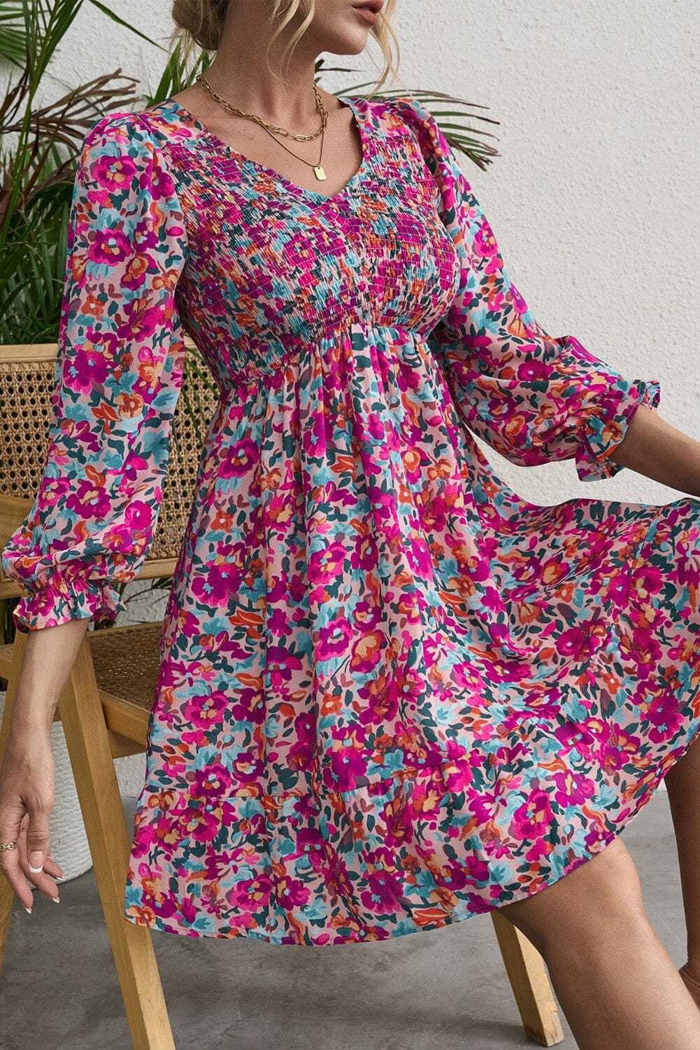 Smocked V Neck Puffy Sleeve Floral Dress jupiter and co 