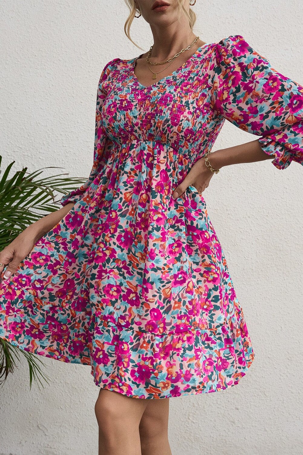 Smocked V Neck Puffy Sleeve Floral Dress jupiter and co 