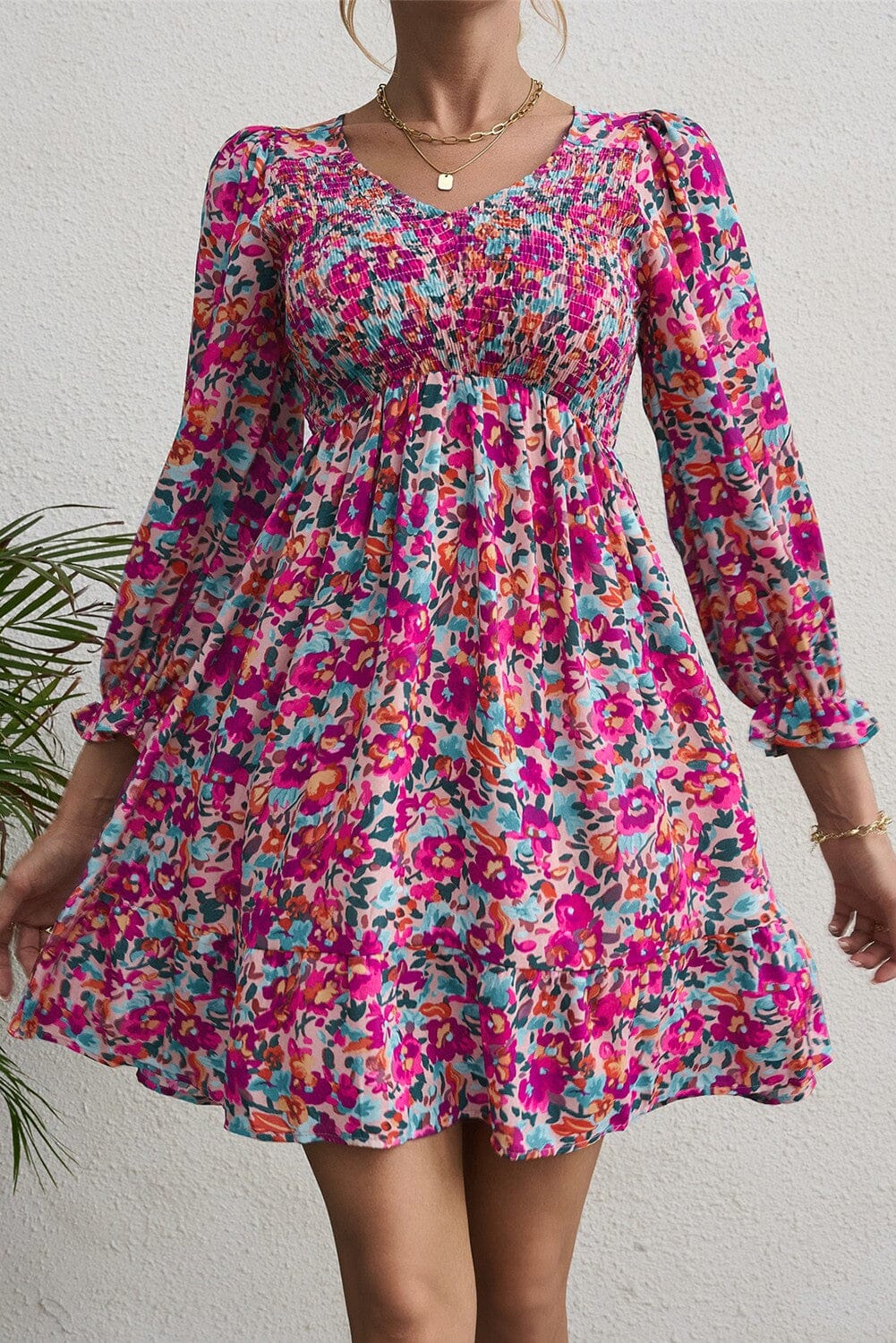 Smocked V Neck Puffy Sleeve Floral Dress jupiter and co 