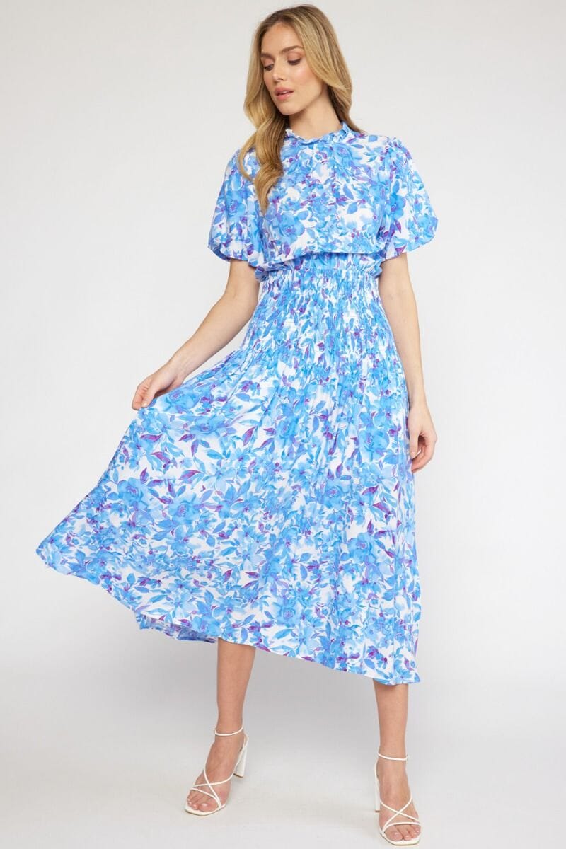 Smocked Waist Ruffle Neck Floral Maxi entro 