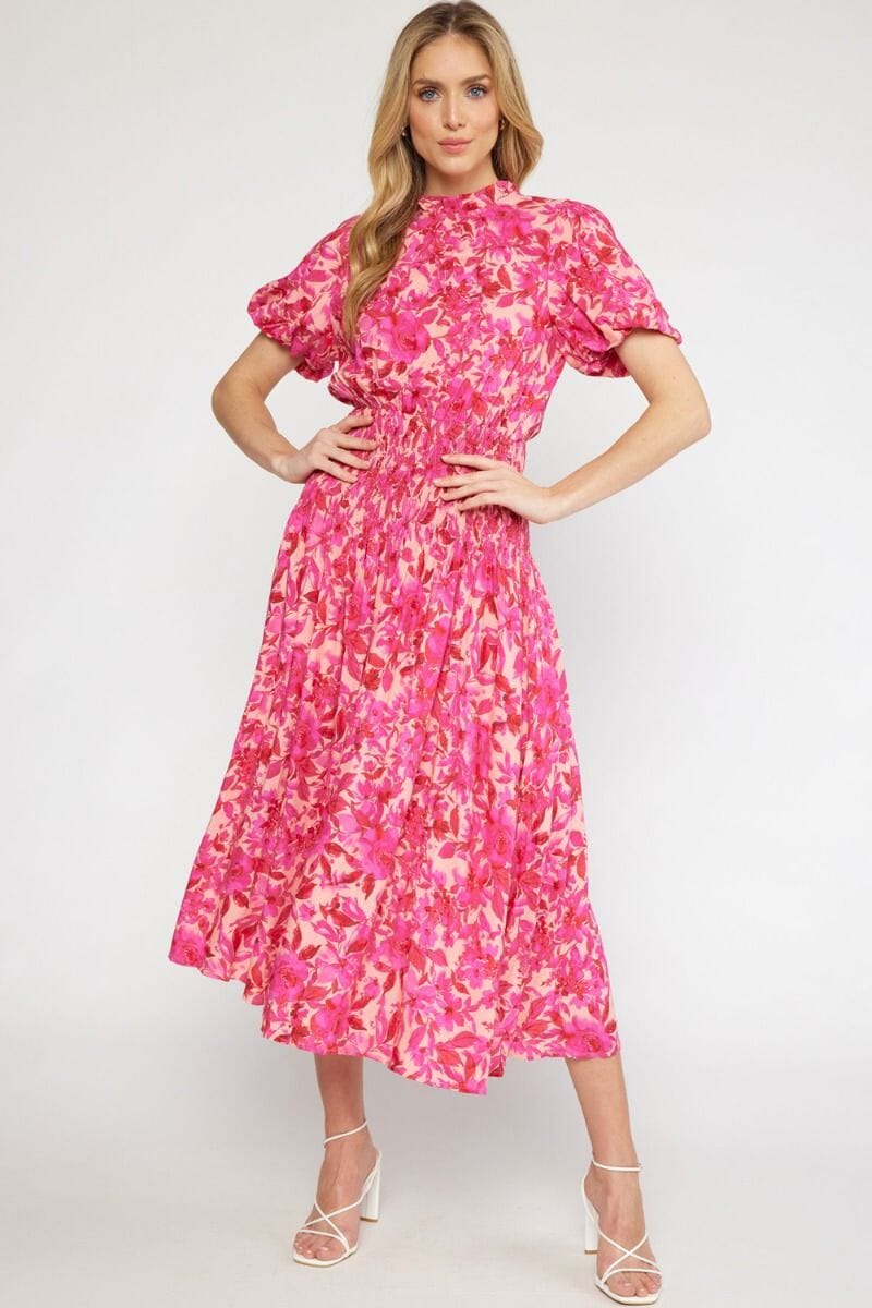 Smocked Waist Ruffle Neck Floral Maxi entro 