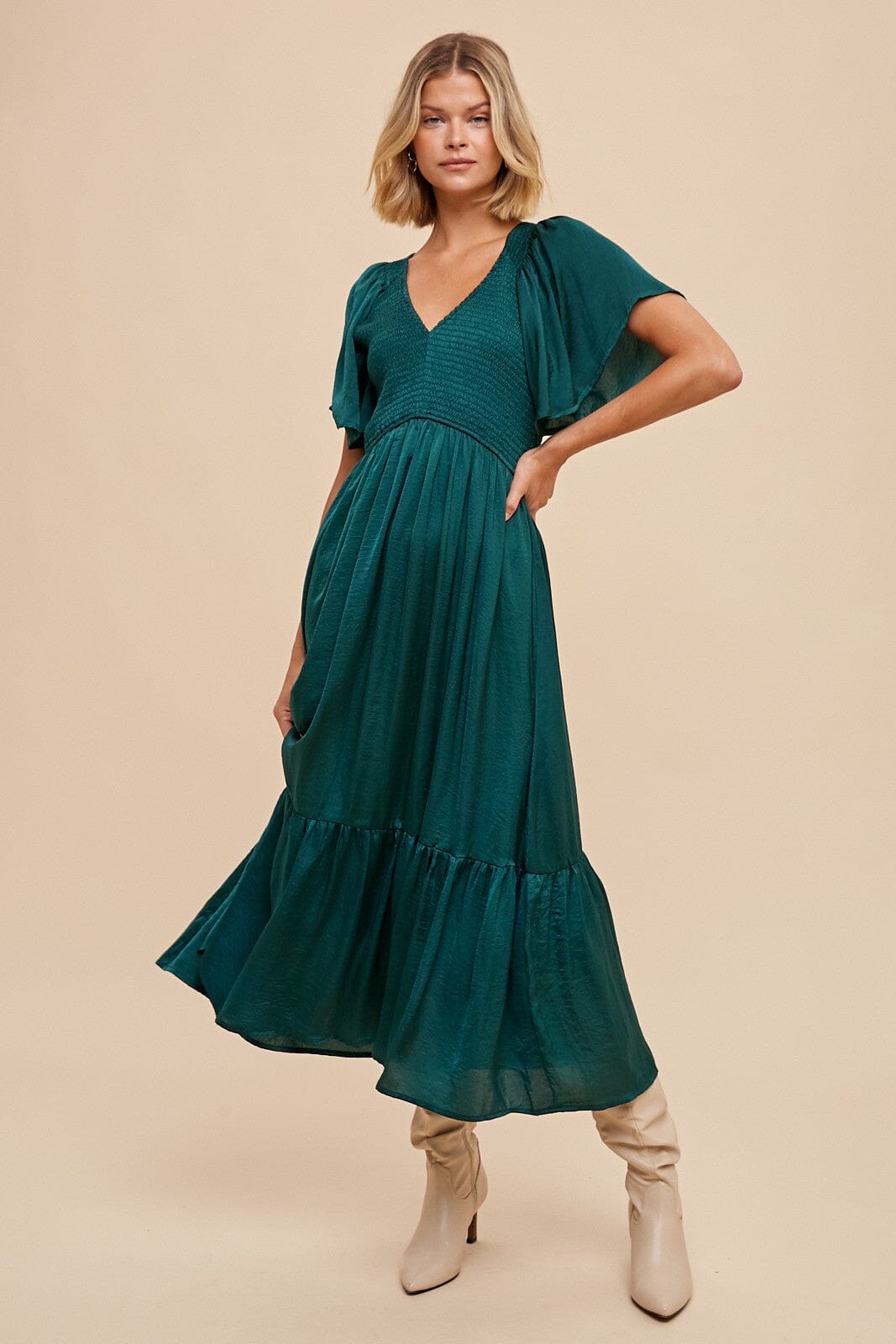 SMOCKED WASHED SATIN MIDI DRESS In Loom 