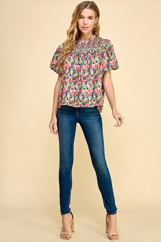 Smocked Yoke Watercolor Puff Sleeve Top TCEC 