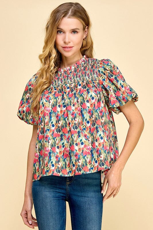 Smocked Yoke Watercolor Puff Sleeve Top TCEC 
