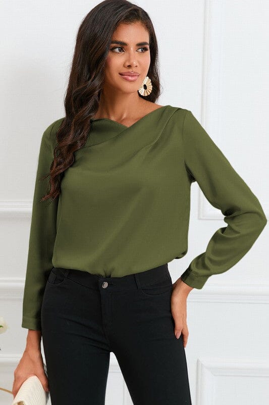 Solid LS Blouse with Asymmetrical Crossover shiying 