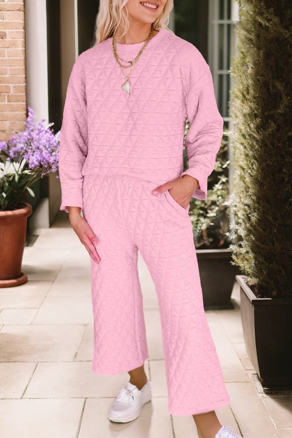 Solid Quilted Pullover and Pants Outfit Shewin 