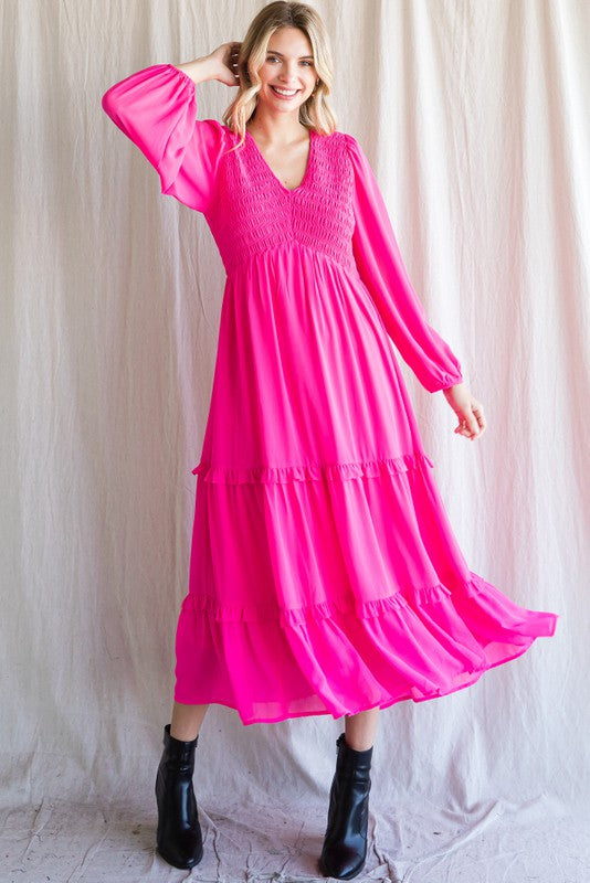 Solid Smocked Bodice Maxi Dress Jodifl 