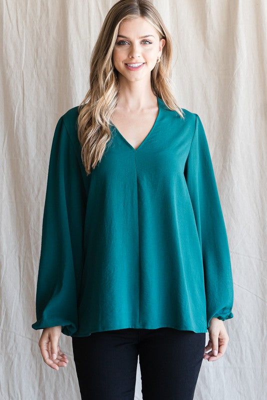 Solid V-Neck Bubble Sleeve Top Jodifl 