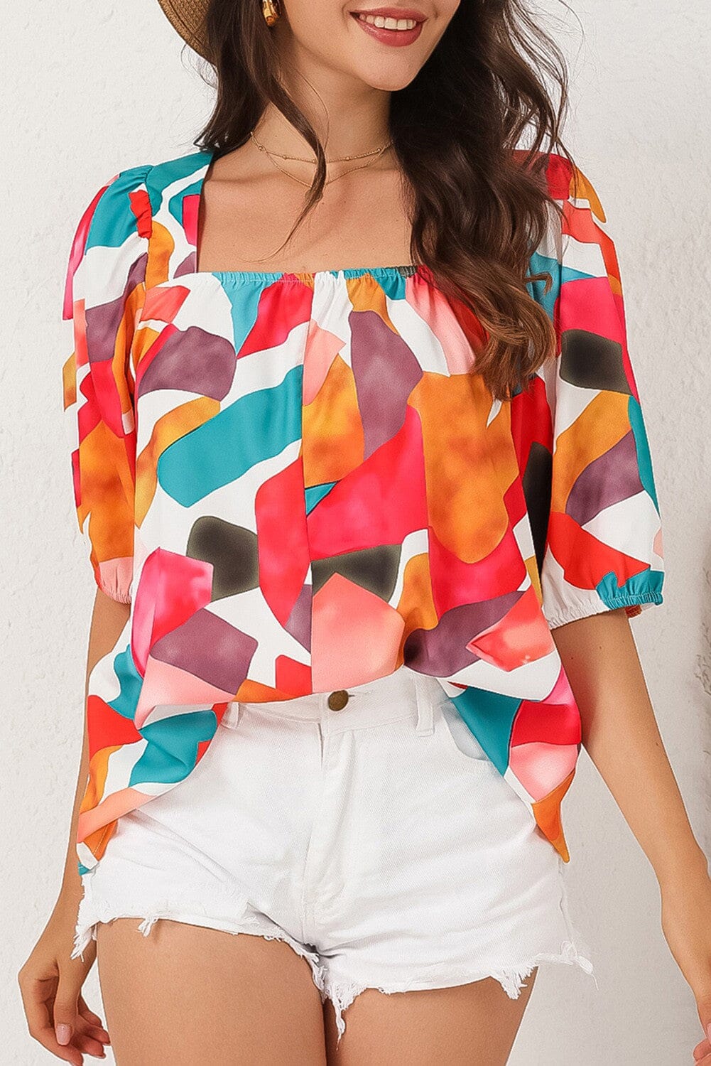 Square Neck Abstract Blouse Kentce 