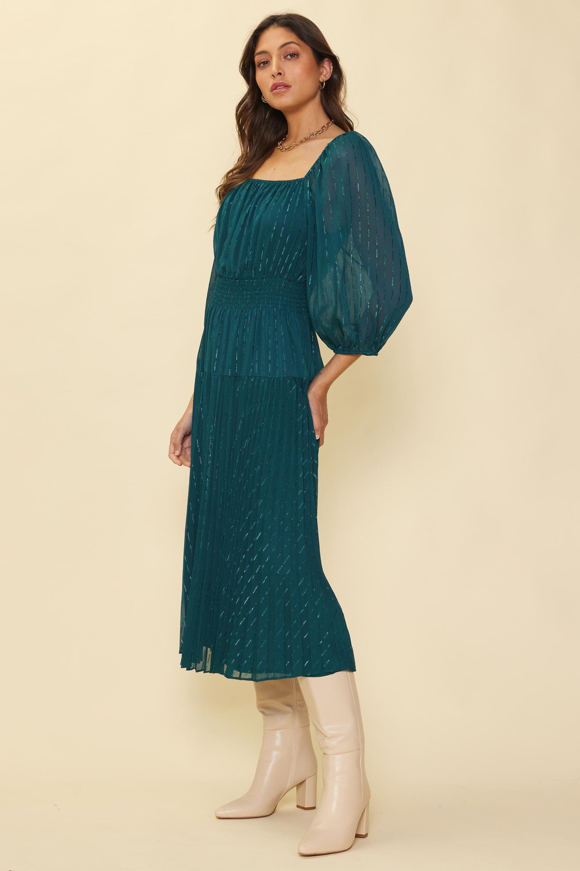Square Pleated Emerald Midi skies are blue 