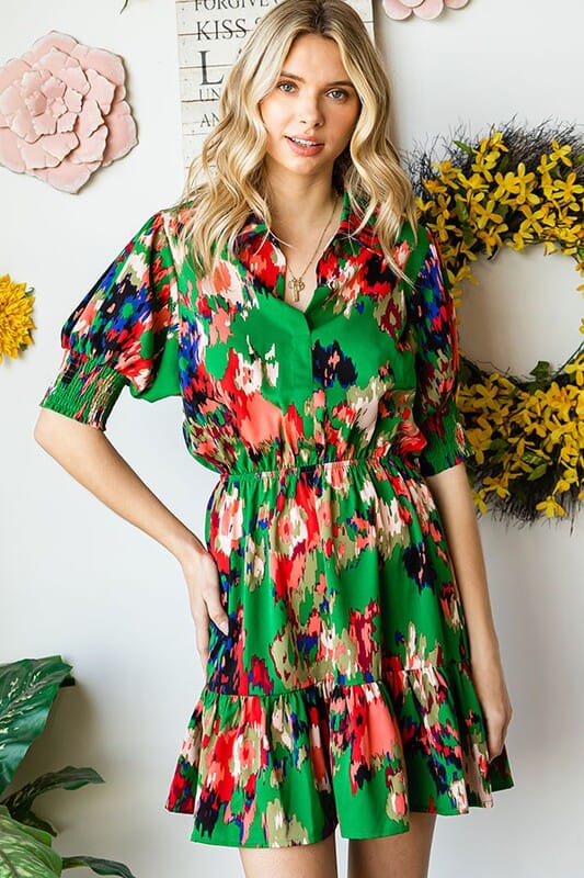 SS Watercolor Smocked Sleeve Dress First Love 