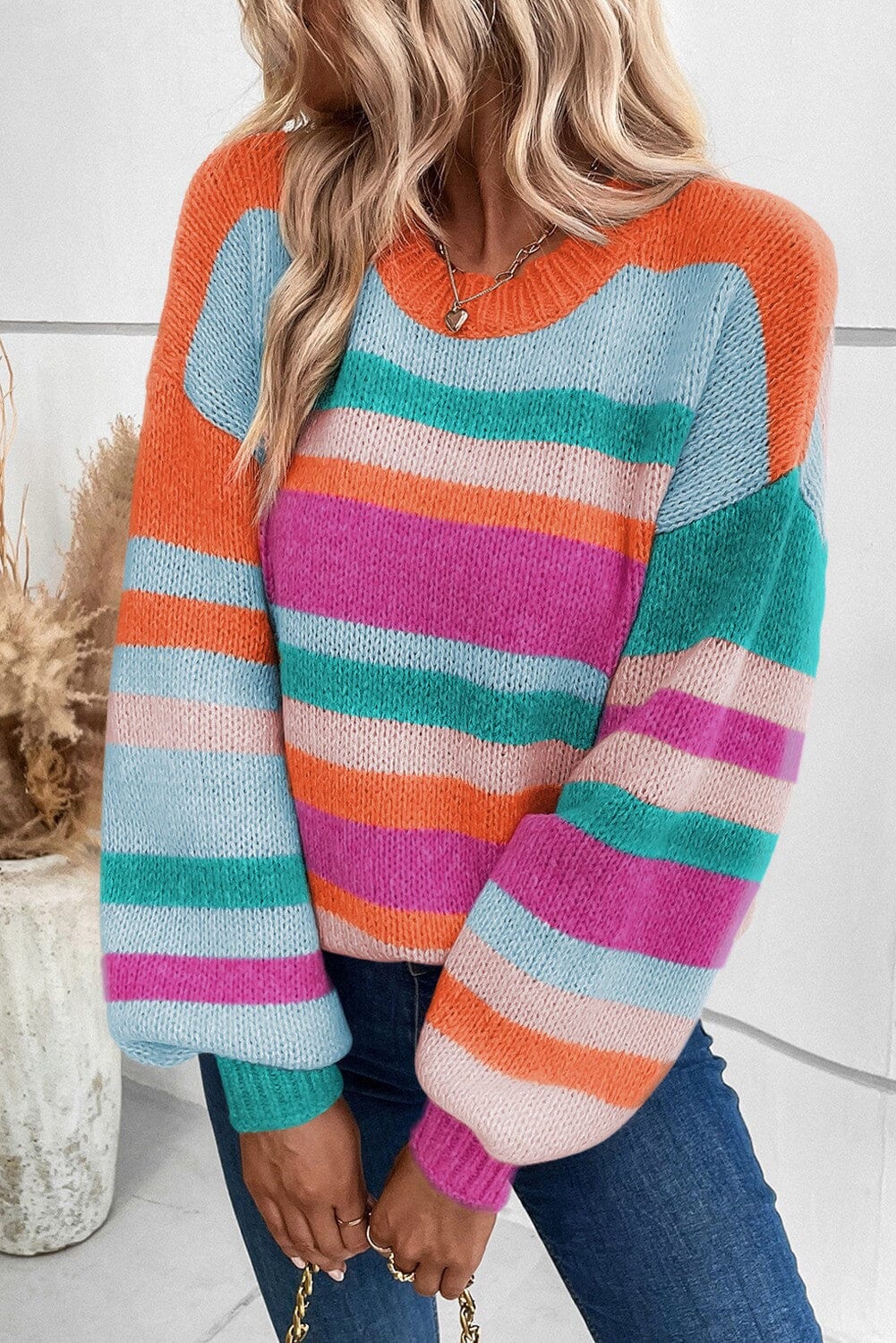 Striped Knit Drop Shoulder Puff Sleeve Sweater Shewin 