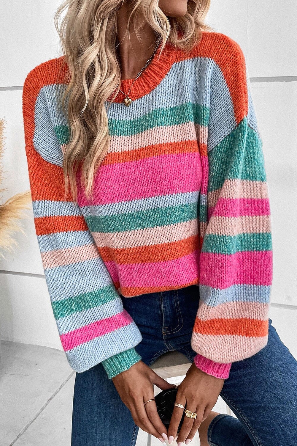 Striped Knit Drop Shoulder Puff Sleeve Sweater Shewin 