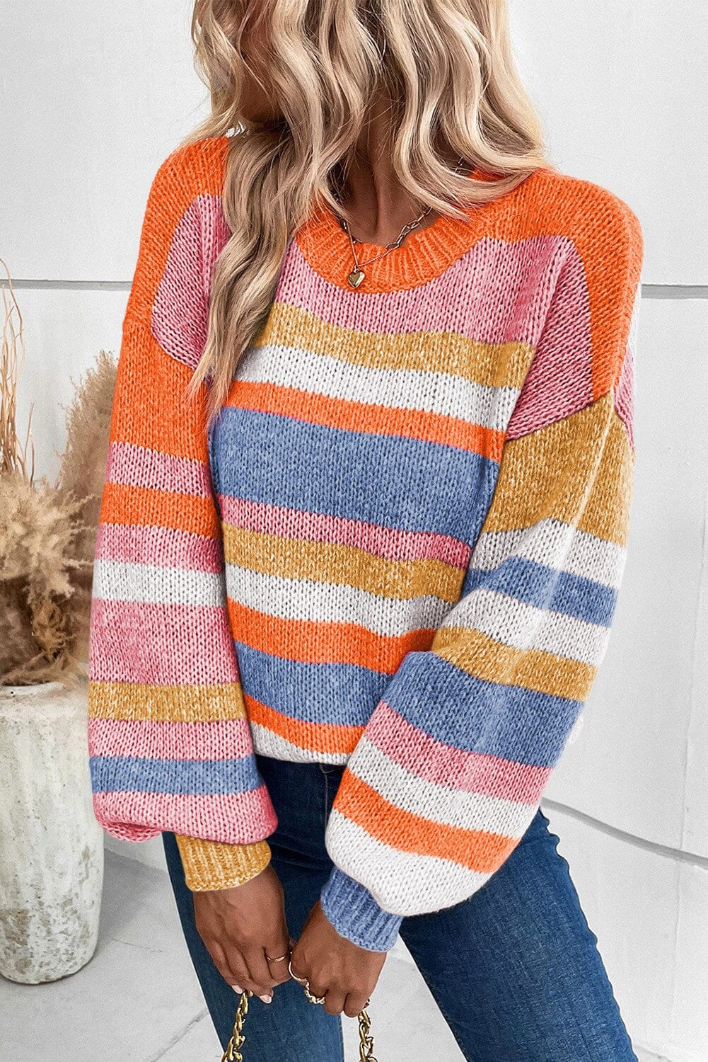 Striped Knit Drop Shoulder Puff Sleeve Sweater Shewin 