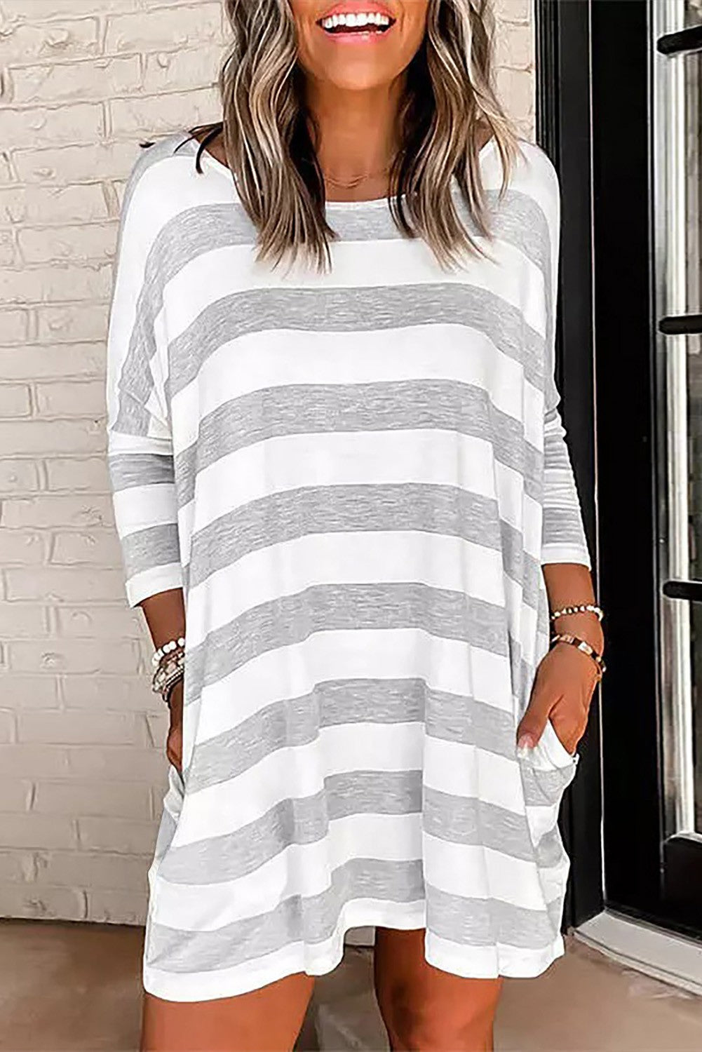 Striped Loose Fit Pocket Casual Dress Shewin 
